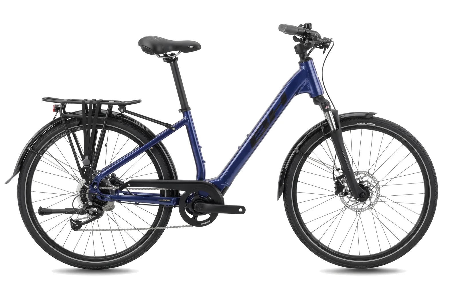 Blue BH step-through e-bike with a low frame, rear rack, mudguards and front suspension