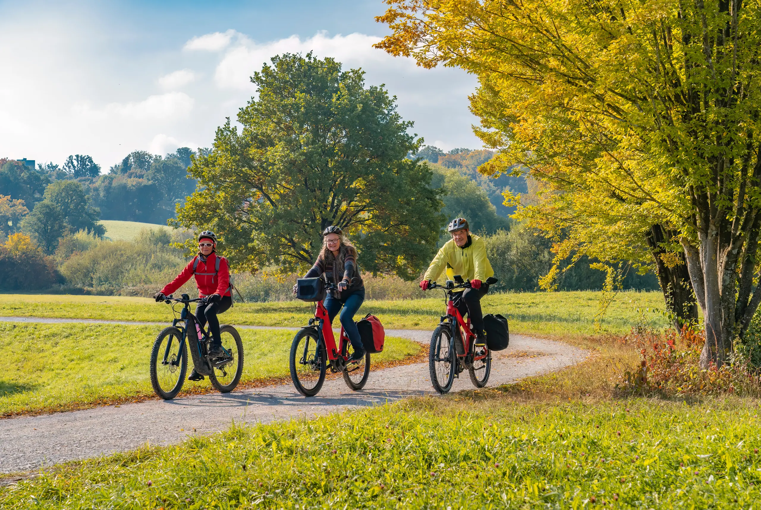 Three adult riders wearing helmets ride e-bikes along a curving path through sunny autumn parkland