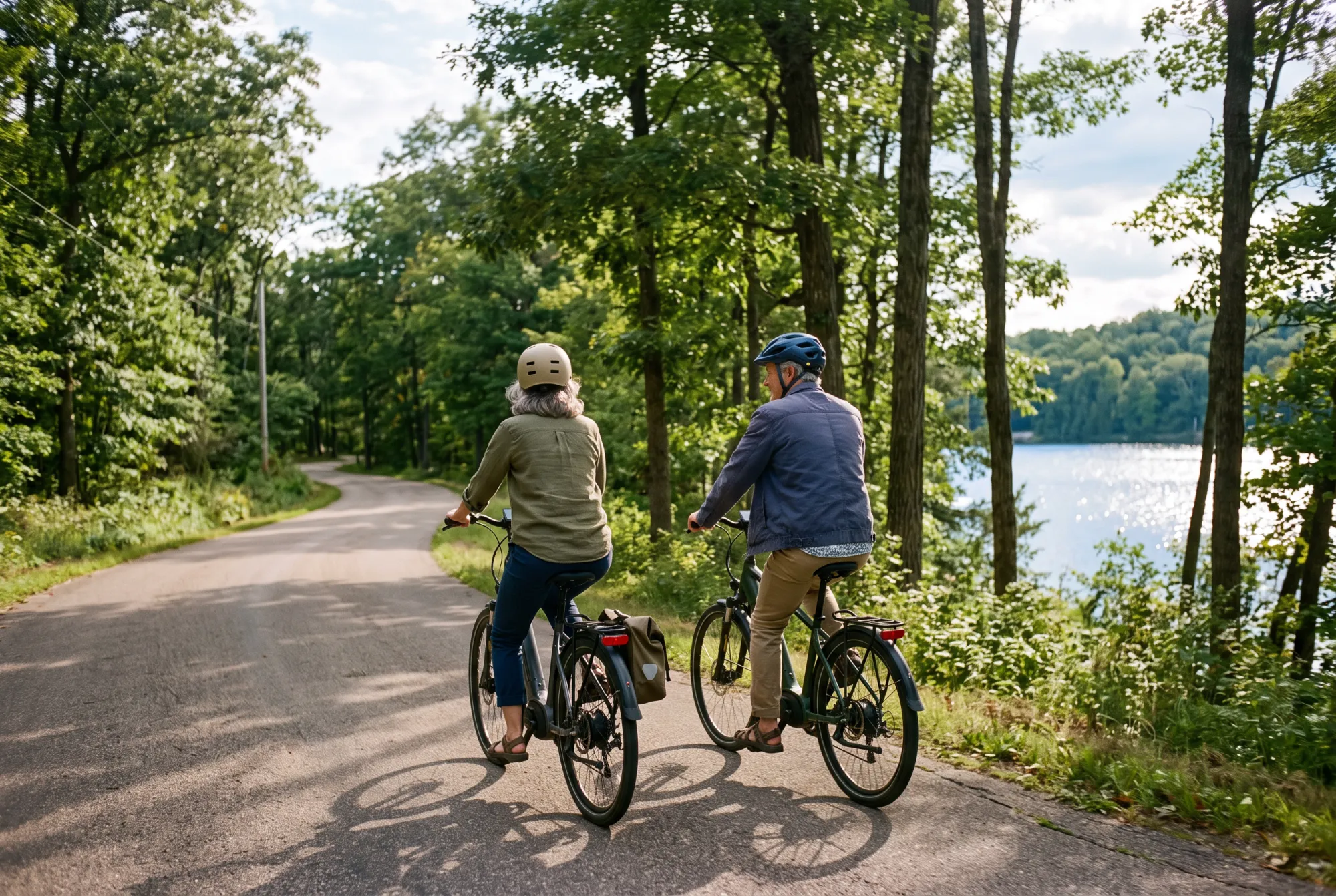 Two riders in helmets on step-through e-bikes on a quiet tree-lined road, with blue lake water between the trees